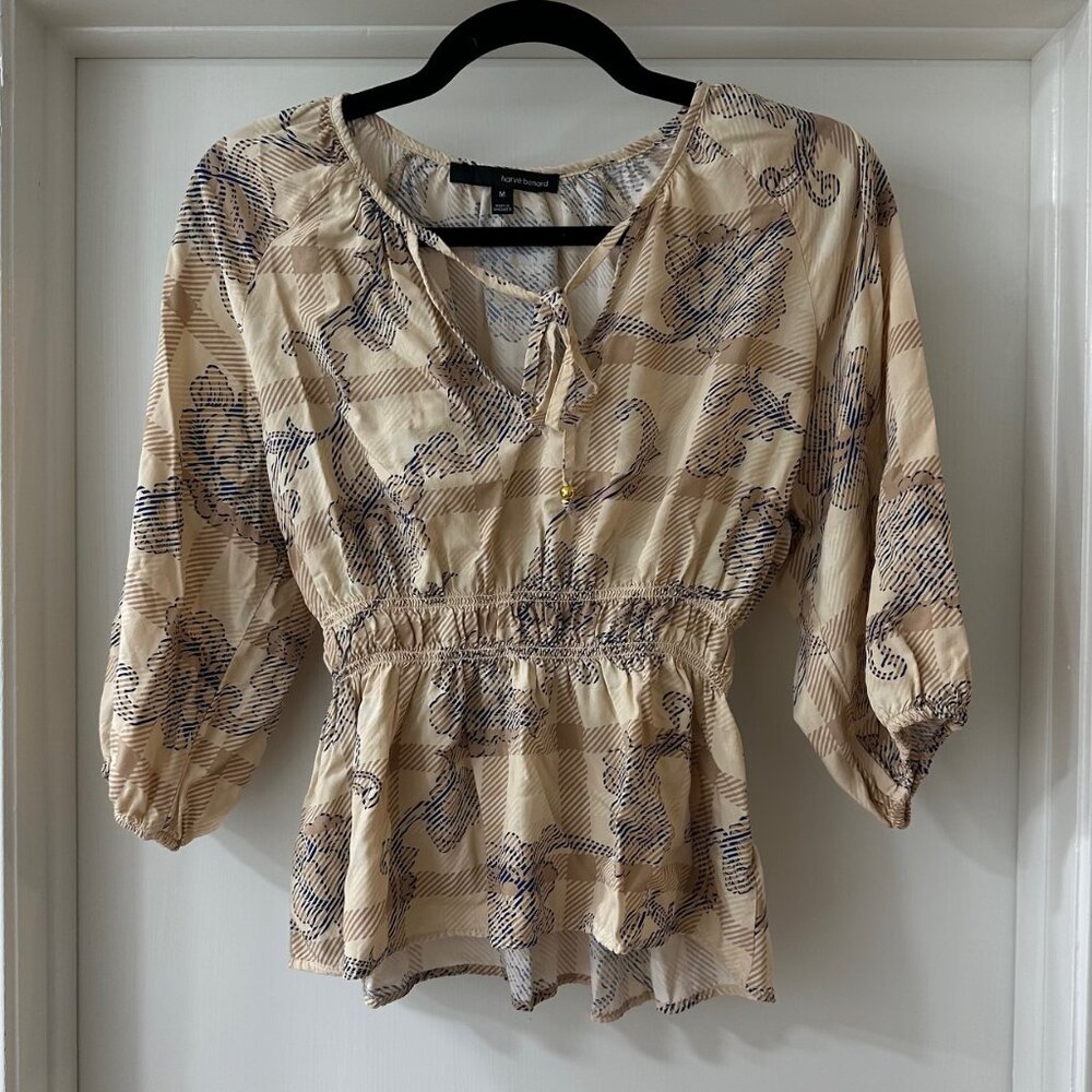Harvé Benard Beige Boho Floral Blouse with 3/4 Sleeves, Size M